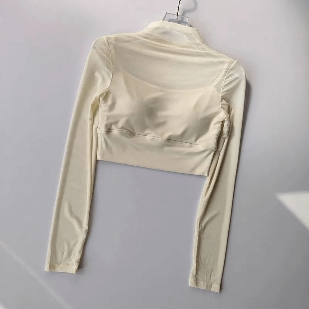 Women's long sleeve gym mesh crop top - stylish, breathable, and quick-dry design for optimal performance.